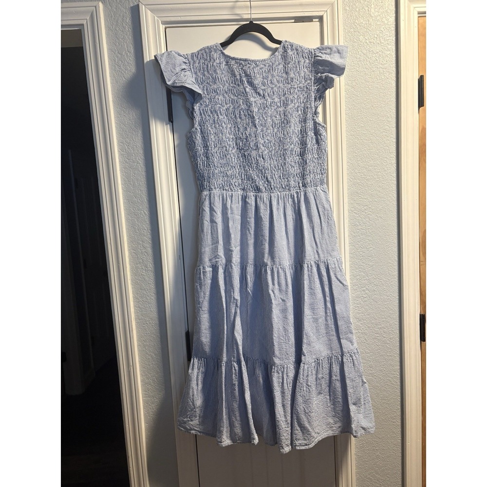 Vineyard Vines Dress Large Blue Seersucker Kentucky Derby Smocked Midi Tiered - Picture 5 of 5